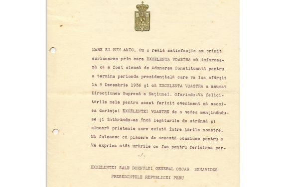 Scrisoare adresată președintelui Republicii Peru, semnată de Carol al II-lea și de Nicolae Titulescu
